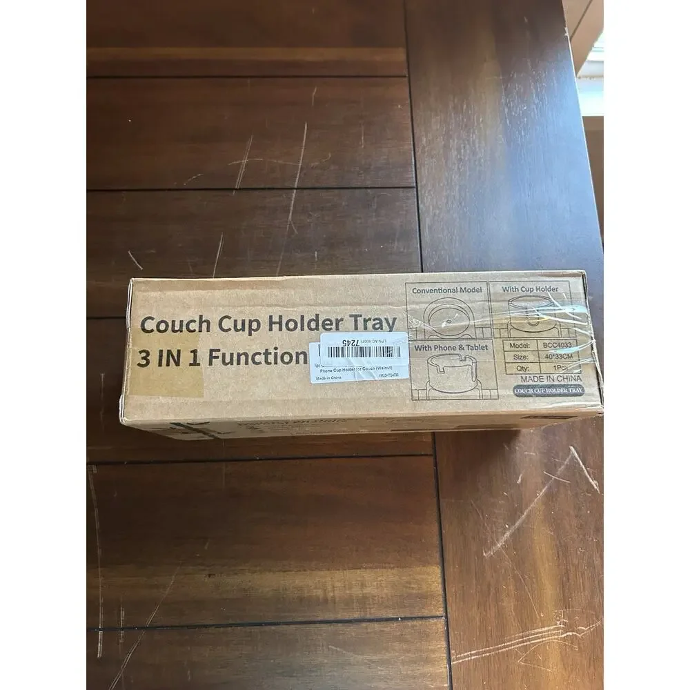 Bamboo Couch Cup Holder Tray Flexible Armrest Sofa Table Dark Brown